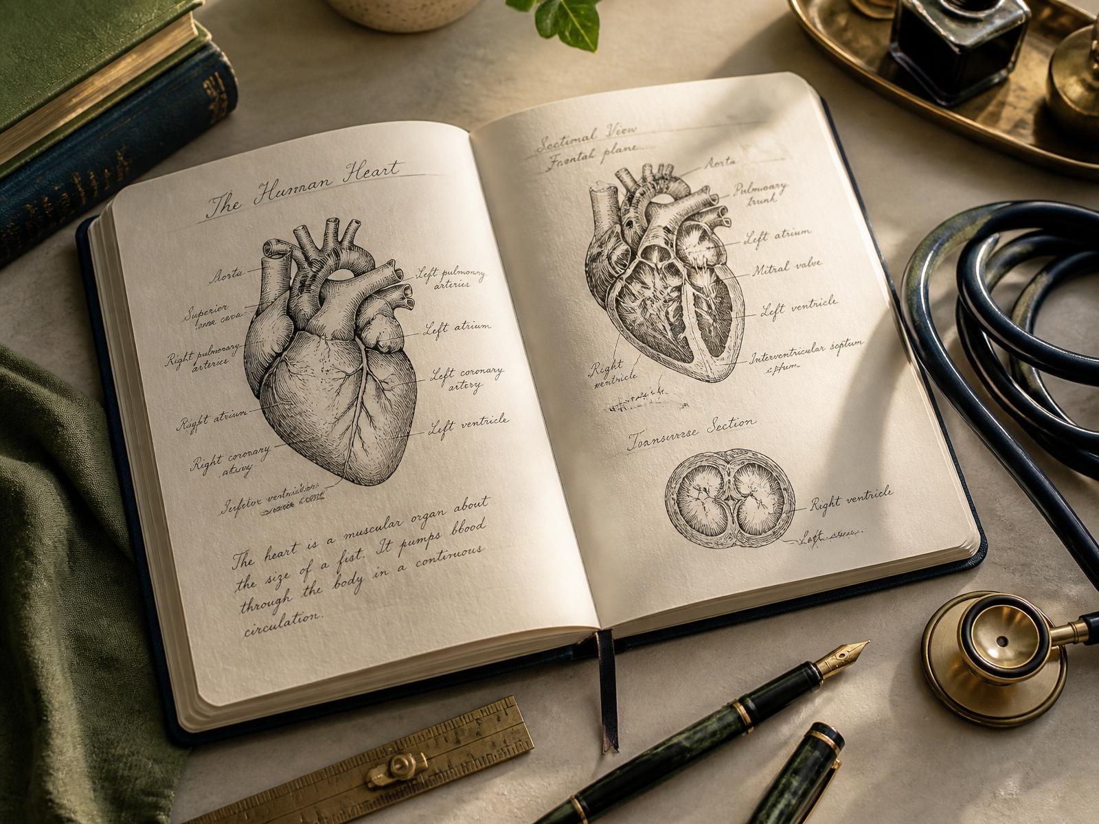 An open Prescribed notebook showing hand-drawn anatomical sketches of the human heart
